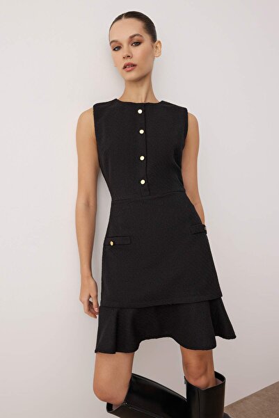 Trendyol Collection Κοντό / Μίνι Φόρεμα από Τουίντ με Μαύρα Κουμπιά TWOAW26EL00068