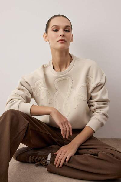 Trendyol Collection Πλεκτό φούτερ με λεπτομέρεια κεντήματος από πέτρα, υπερμεγέθη/φαρδύ κορμό, με χοντρό φλις εσωτερικά TWOAW26SW00098