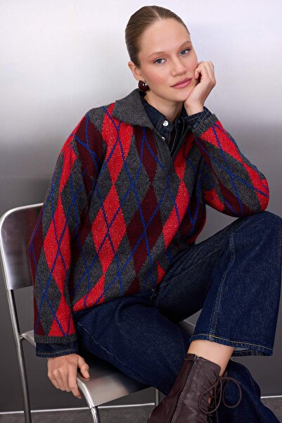 Trendyol Collection Anthracite Argyle/Plaid Patterned Polo Neck Knitwear Sweater Twoaw26Kz00231