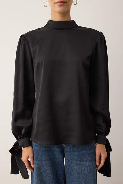 Trendyol Collection Black Satin Woven Blouse with Tie Detail Tofaw19Fg0082
