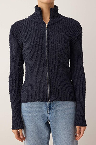 Trendyol Collection Wardrobe Essentials Navy Blue Zip-Up Stand Collar Soft Texture Cotton Knitwear Cardigan Twoaw26Hi00088