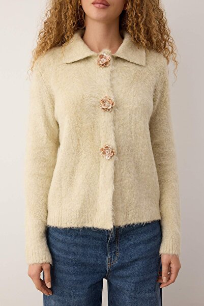 Trendyol Collection Stone Rose Button Detailed Boucle Yarn Knitwear Cardigan Twoaw26Hi00109