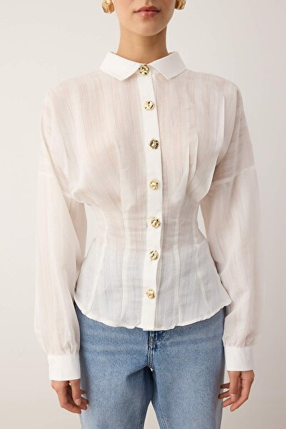 Trendyol Collection White Gold Button Detailed Lightweight Transparent Fitted Shirt Twoaw26Go00104