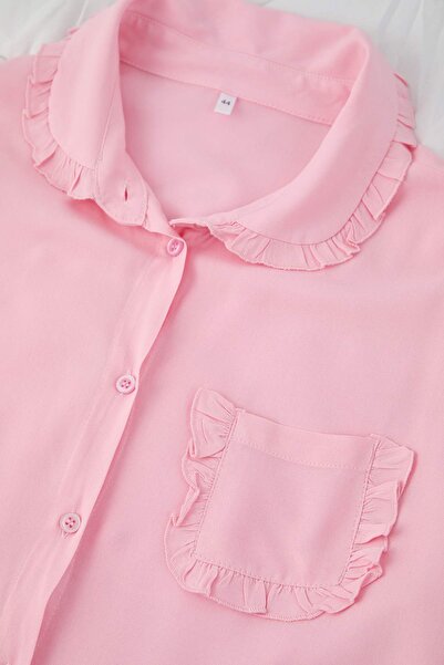 Trendyol Curve More Sustainable Pink Frilly Pocket Detailed Viscose Woven Pajama Set Tbbaw26Ai00033
