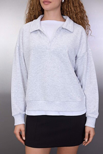 Trendyol Collection Gray Melange Polo Neck Double Layer Knitted Sweatshirt Twoaw26Sw00127