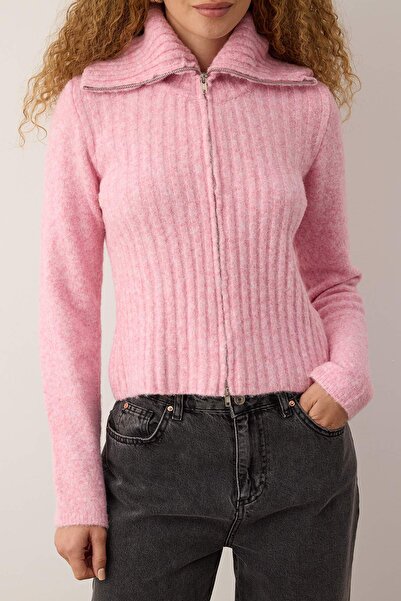 Trendyol Collection Wardrobe Essentials Powder Wool Blend Beard/Feather Thread Zip-Up Knitwear Cardigan | Twoaw26Hi001490