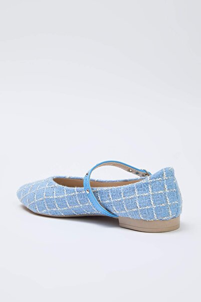 TRENDYOL SHOES Baby Blue Tweed Mary Jane Kukuřičné Oko Pásek Špičatá Špička Dámské Baleríny TAKAW26BE00004