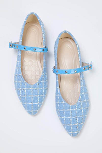 TRENDYOL SHOES Baby Blue Tweed Mary Jane Kukuřičné Oko Pásek Špičatá Špička Dámské Baleríny TAKAW26BE00004