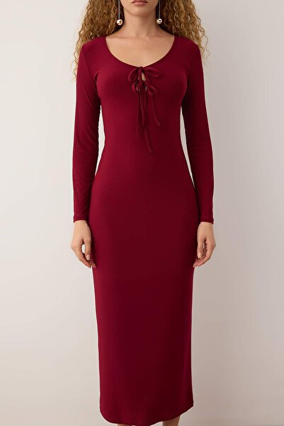 Trendyol Collection Burgundy Body Fitting Breast Tie Detail Knitted Long Stylish Evening Dress Tpraw25El00064