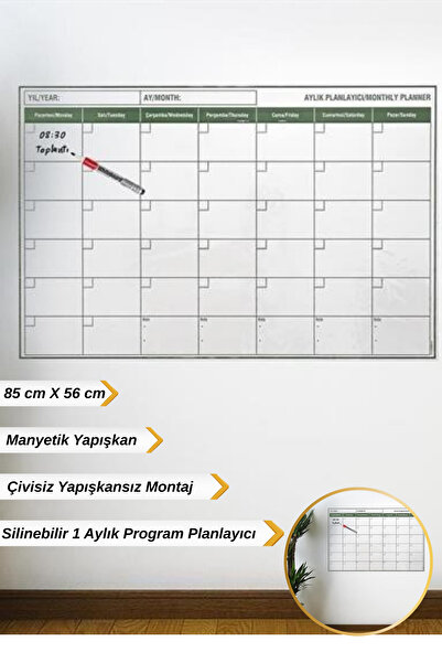 Hane Dostu 85 Cm Kendinden Manyetik Yapışkanlı 1 Aylık Planlayıcı Sticer Duvar Takvimi