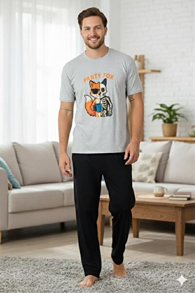 PİJAMORE Fox Fox Men's Groom Pajama Set, Short Sleeve, Pocket, Seasonal 100% Cotton, Dowry, Groom Bundle