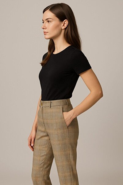 Rich Women's Brown Striped Pants – High Waist, Carrot Leg, Relaxed Fit Casual and Office Chic