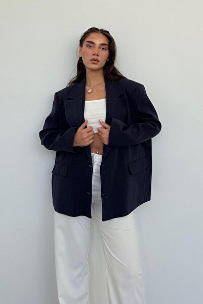 Madmext Lacivert Keten Blazer Kadın Ceket Mg2443