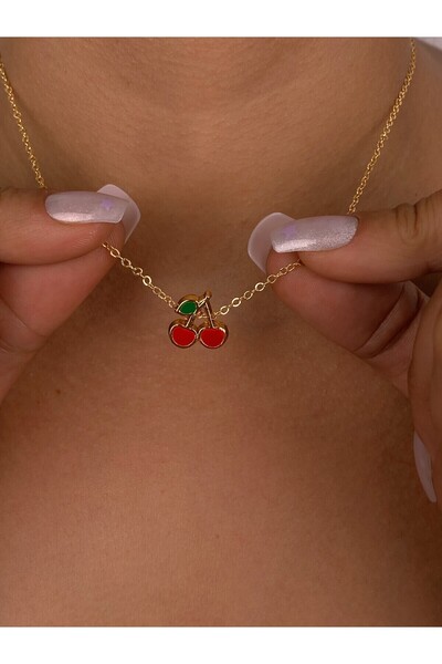 Furtek Aksesuar Women's Gold Elegant Chain Steel Cherry Motif Necklace Model