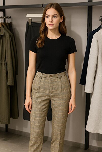 Rich Women's Brown Striped Pants – High Waist, Carrot Leg, Relaxed Fit Casual and Office Chic