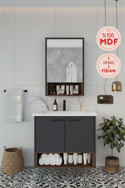 BALNEOM Banyo Karanfil 80 Cm %100 Mdf Antrasit Lavabolu Banyo Dolabı Ayna Alt Dolap Lavabo