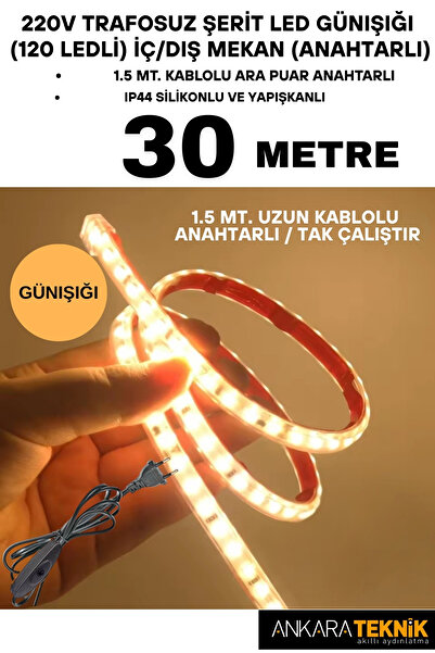 ankarateknik 220V Trafosuz Şerit Led Günışığı Renk (120 Ledli). Anahtarlı Ara...