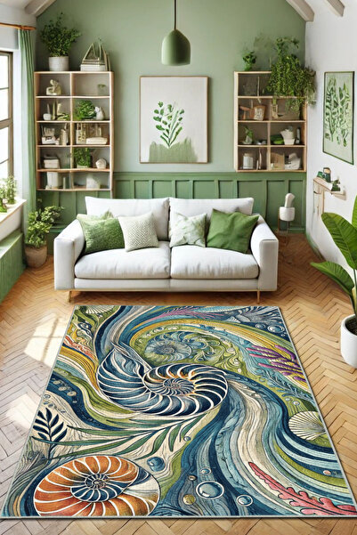 The Reef Design Deniz Kabuğu Desenli Deniz Temalı Dijital Baskılı Oturma Odası Halısı Yazlık Halısı Genç Halısı