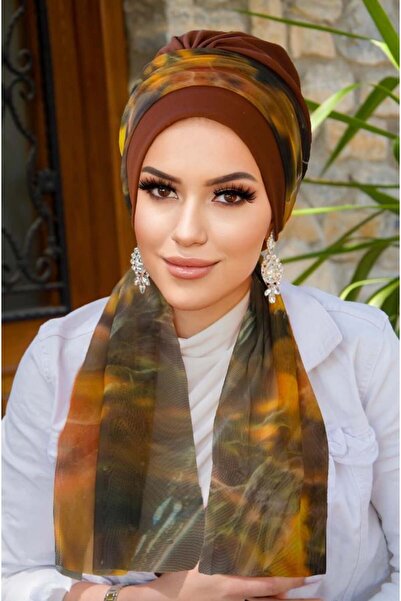 Aişe tesettür Karamel Kahve Batik Desen Fularlı Bone