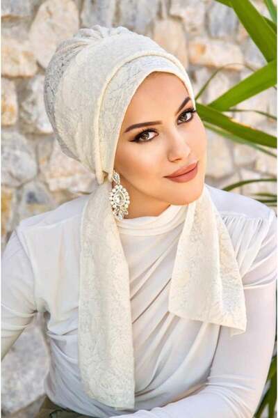 Aişe tesettür Ecru Lined Lace Scarf Bonnet