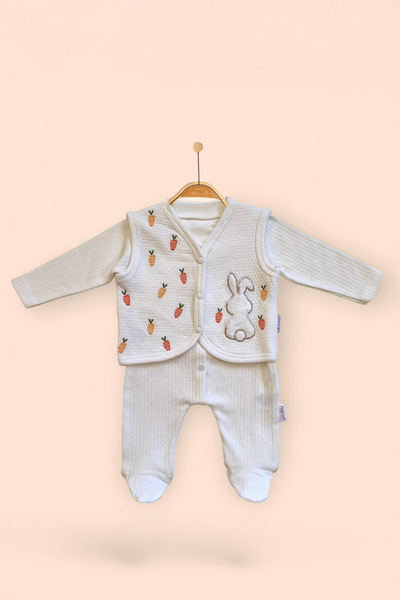 Nayinom Rabbit Embroidered Vest - Overalls with Booties Set - 100% Cotton - 3-6-9-12 Months