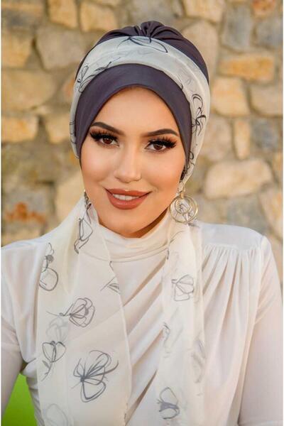 Aişe tesettür Φουλάρι με μοτίβο λουλουδιών σε λευκό ανθρακί