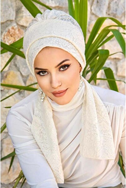 Aişe tesettür Ecru Lined Lace Scarf Bonnet