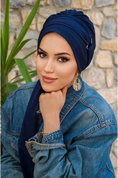 Aişe tesettür Lacivert Toka Detaylı Atkılı Bone