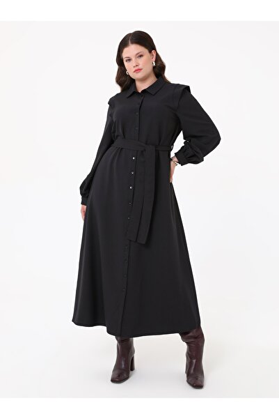 ALİA Krep Kumaşlı Aller Detaylı Büyük Beden Elbise - Siyah - Alia