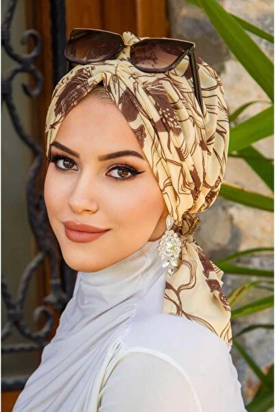 Aişe tesettür Yellow Brown Patterned Tulle Buckle Bonnet
