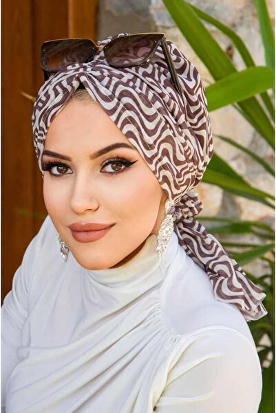 Aişe tesettür Καπέλο με αγκράφα από τούλι με σχέδιο καφέ σπιράλ