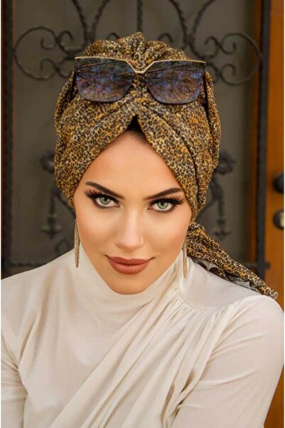 Aişe tesettür Beige Leopard Patterned Buckle Bonnet