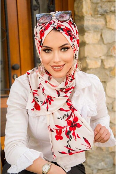 Aişe tesettür Red White Flower Pattern Butterfly Bonnet Shawl
