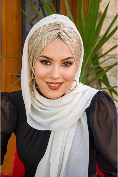 Aişe tesettür Beyaz Dore Kelebek Model Büzgülü Bone Şal