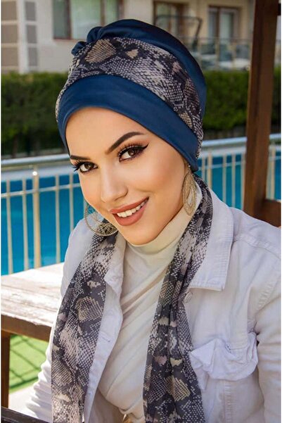 Aişe tesettür Navy Blue Snakeskin Pattern Scarf Bonnet