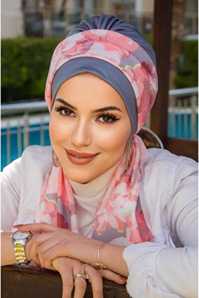 Aişe tesettür Gri Pudra Desenli Fularlı Bone