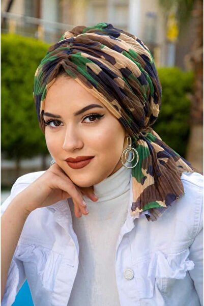 Aişe tesettür Outlet- Beige Khaki Camouflage Pleated Buckle Bonnet