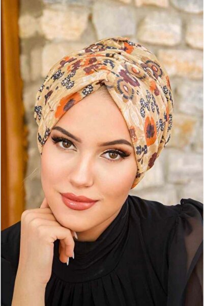 Aişe tesettür Camel Flower Patterned Twisted Bonnet