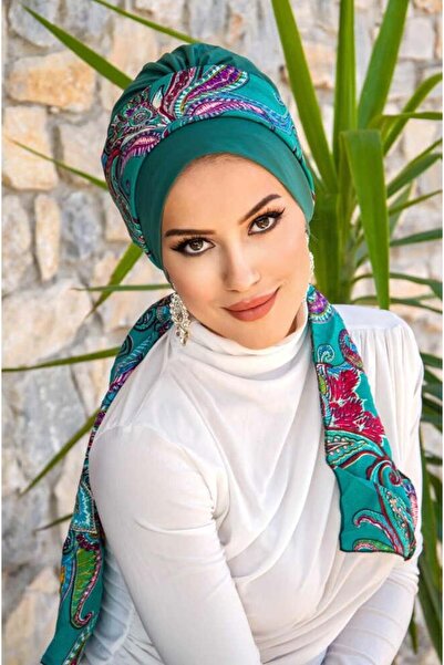 Aişe tesettür Zümrüt Etnik Desen Fularlı Bone