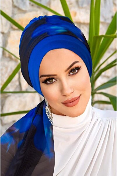 Aişe tesettür Saks Siyah Batik Fularlı Bone