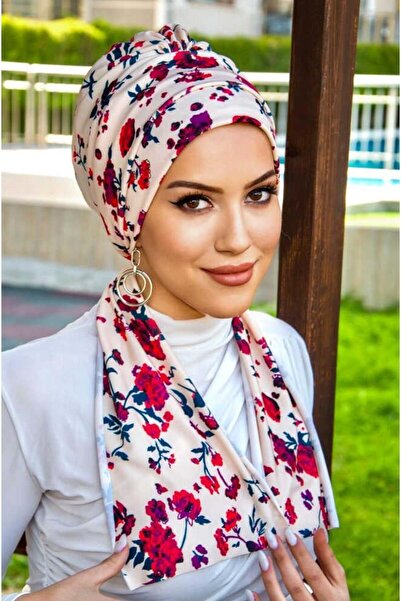 Aişe tesettür Ecru Claret Red Floral Patterned Scarf Bonnet