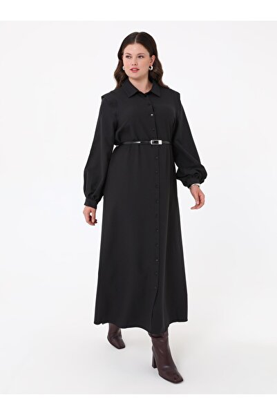 ALİA Krep Kumaşlı Aller Detaylı Büyük Beden Elbise - Siyah - Alia