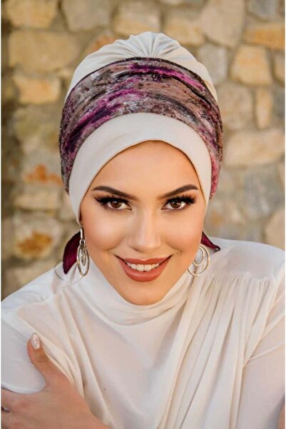 Aişe tesettür Bonnet cu bandă cu model de vopsire în os