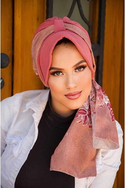 Aişe tesettür Capota de pălărie cu model de flori cu pudră de trandafir uscat