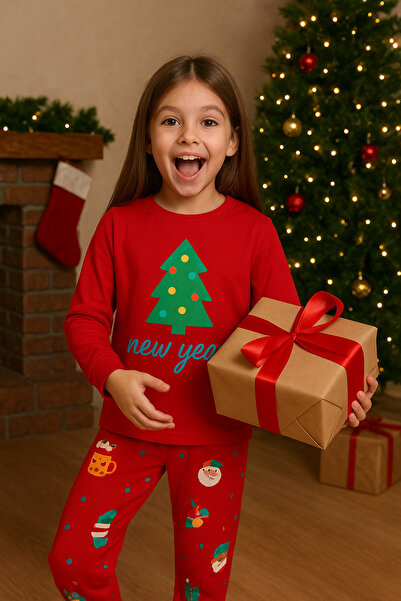 ROSAMİNA Kız Çocuk %100 Pamuklu Yılbaşı Ağaç Desen Pijama Takımı