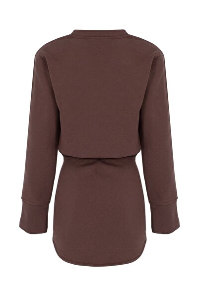 La Sarta Luna γυναικείο καφέ φόρεμα με ελαστική μέση, οβάλ μίνι σκίσιμο, μακρυμάνικο φόρεμα