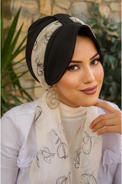 Aişe tesettür إكرو قبعة سوداء منقوشة مع وشاح