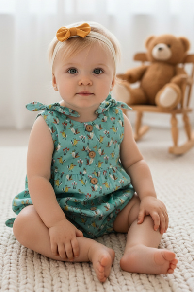 Parla Kids Bebek Kuş Desenli Salopet Bandana Takım