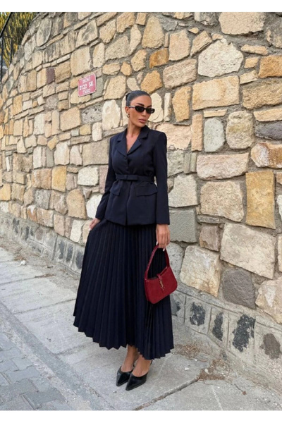 Diemmood Kadın Belden Kemerli Şık Takım-Blazer&Piliseli Etek