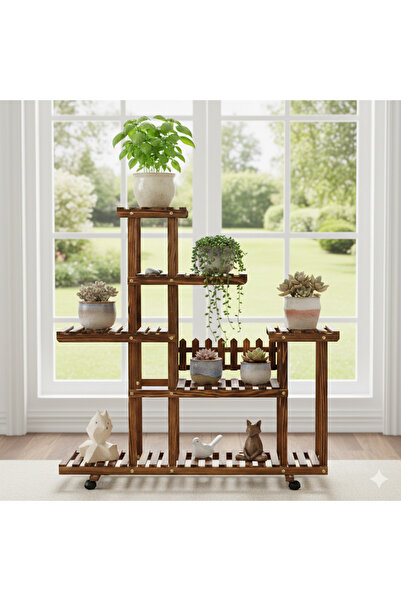 ENG AHŞAP Tekerlekli Saksı Çiçeklik Saksılık Ahşap Çok Katlı Dekoratif Saksı Standı